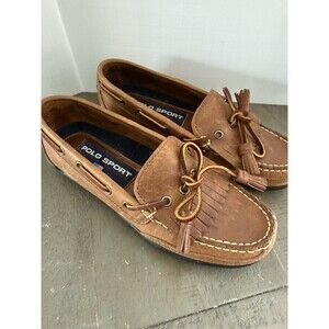 Women's 7 B Polo Sport Ralph Lauren Brown Leather Kiltie Tassel Loafers Shoes